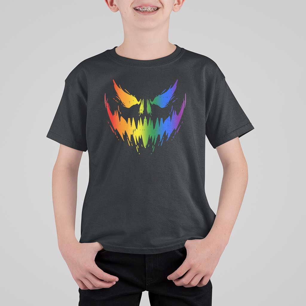 Funny Halloween LGBT T Shirt For Kid Jack O Lantern Scary Carved Pumpkin Face Rainbow Flag - Wonder Print Shop