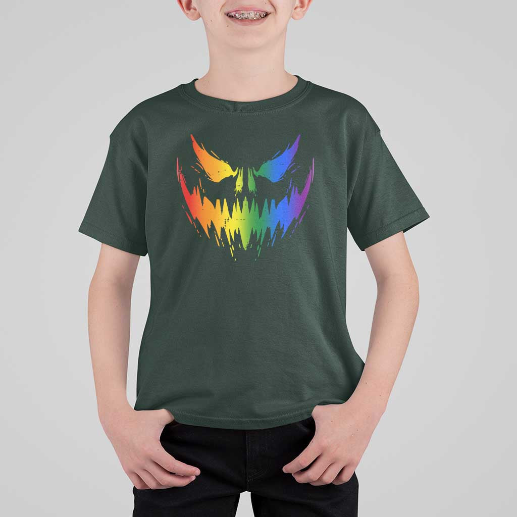 Funny Halloween LGBT T Shirt For Kid Jack O Lantern Scary Carved Pumpkin Face Rainbow Flag - Wonder Print Shop