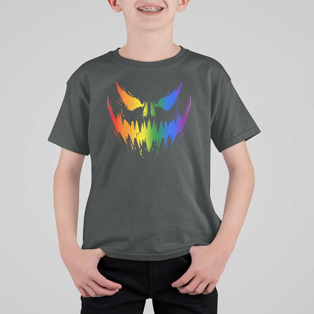 Funny Halloween LGBT T Shirt For Kid Jack O Lantern Scary Carved Pumpkin Face Rainbow Flag - Wonder Print Shop