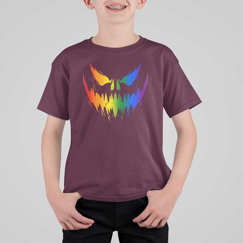 Funny Halloween LGBT T Shirt For Kid Jack O Lantern Scary Carved Pumpkin Face Rainbow Flag - Wonder Print Shop