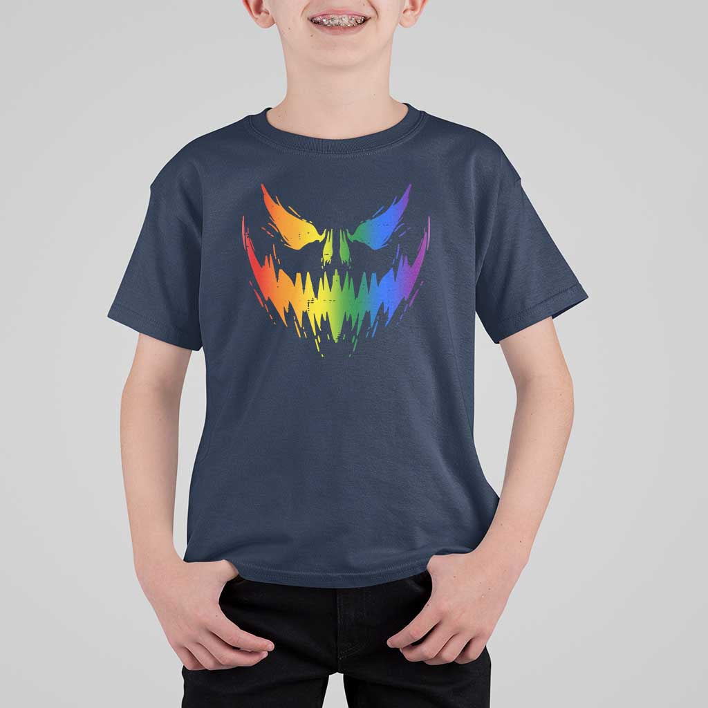 Funny Halloween LGBT T Shirt For Kid Jack O Lantern Scary Carved Pumpkin Face Rainbow Flag - Wonder Print Shop