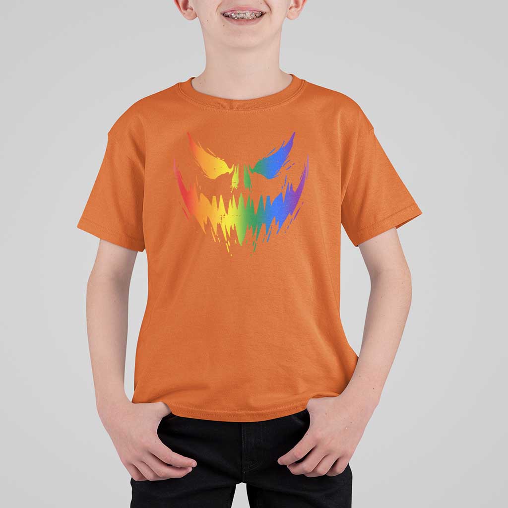 Funny Halloween LGBT T Shirt For Kid Jack O Lantern Scary Carved Pumpkin Face Rainbow Flag - Wonder Print Shop