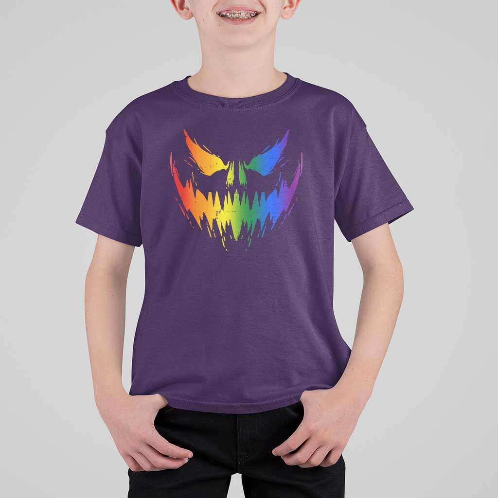 Funny Halloween LGBT T Shirt For Kid Jack O Lantern Scary Carved Pumpkin Face Rainbow Flag - Wonder Print Shop