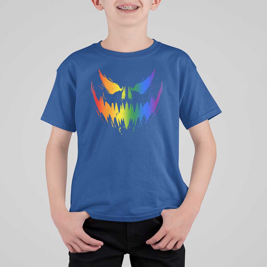 Funny Halloween LGBT T Shirt For Kid Jack O Lantern Scary Carved Pumpkin Face Rainbow Flag - Wonder Print Shop