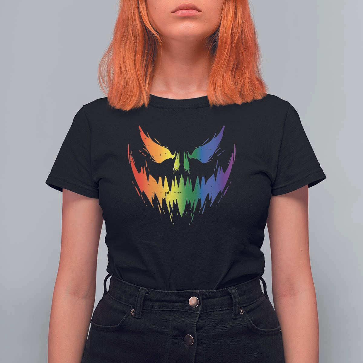 Funny Halloween LGBT T Shirt For Women Jack O Lantern Scary Carved Pumpkin Face Rainbow Flag - Wonder Print Shop