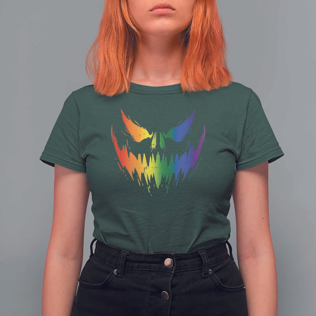 Funny Halloween LGBT T Shirt For Women Jack O Lantern Scary Carved Pumpkin Face Rainbow Flag - Wonder Print Shop