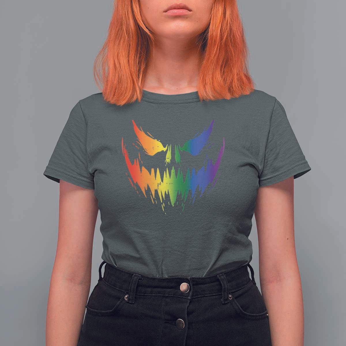Funny Halloween LGBT T Shirt For Women Jack O Lantern Scary Carved Pumpkin Face Rainbow Flag - Wonder Print Shop