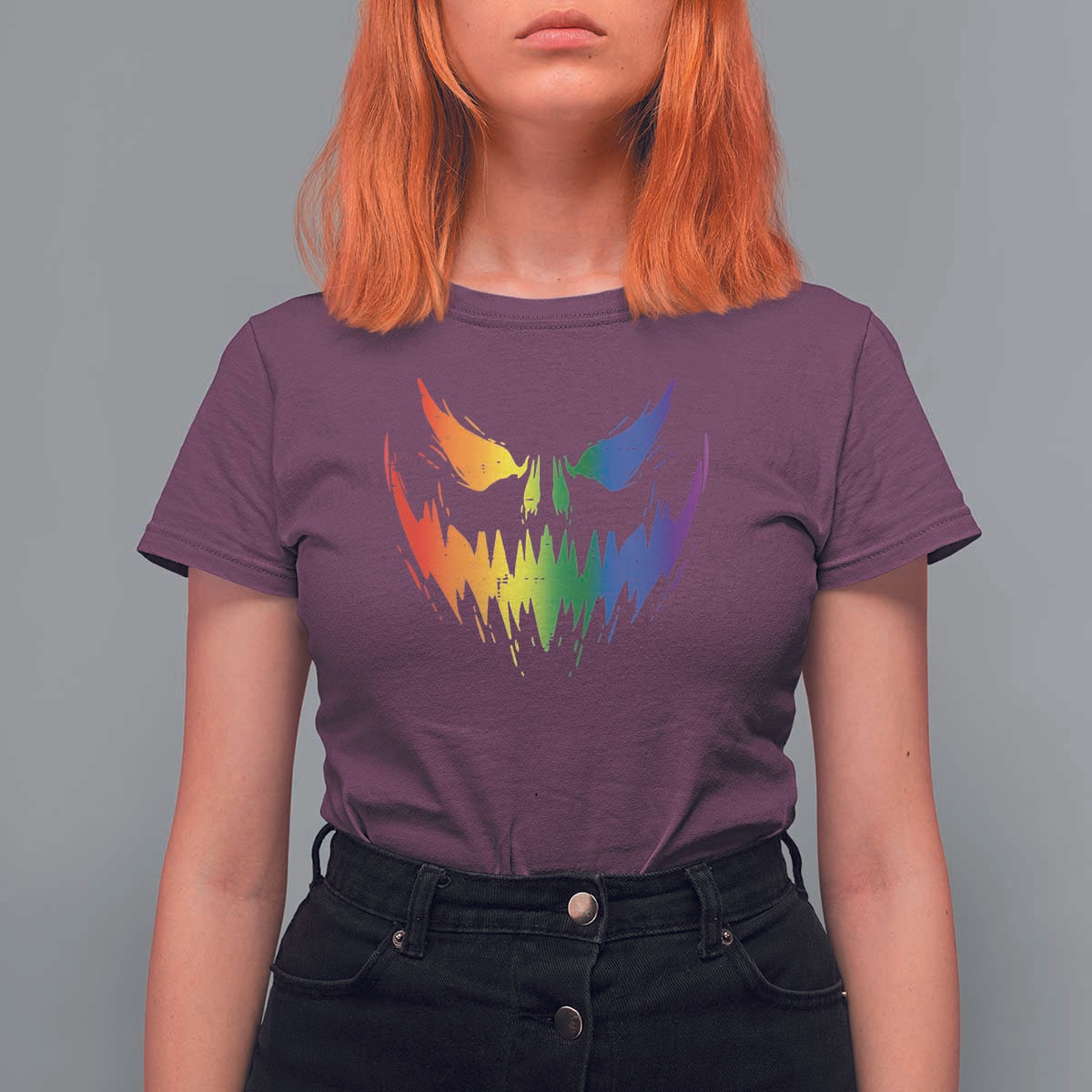 Funny Halloween LGBT T Shirt For Women Jack O Lantern Scary Carved Pumpkin Face Rainbow Flag - Wonder Print Shop