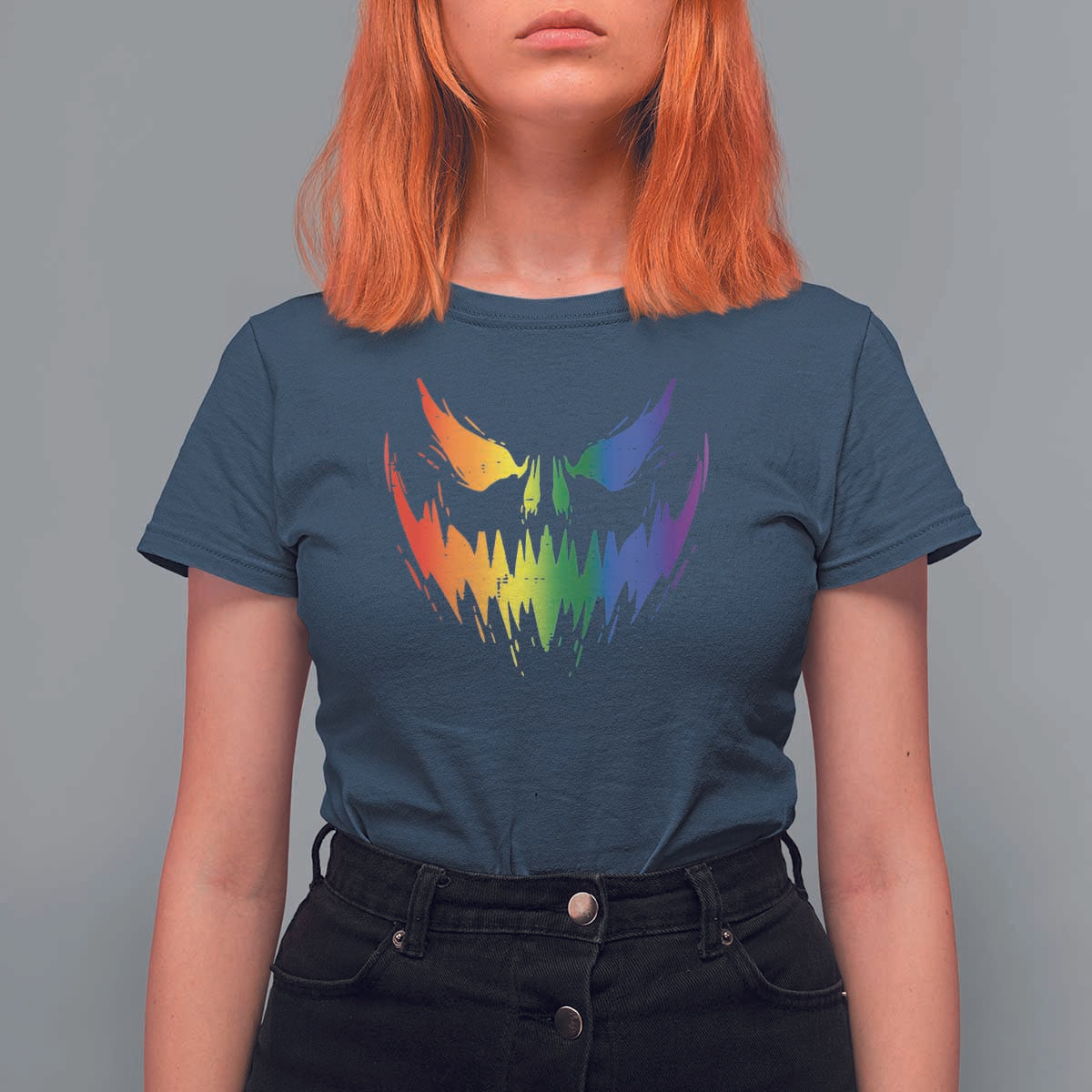 Funny Halloween LGBT T Shirt For Women Jack O Lantern Scary Carved Pumpkin Face Rainbow Flag - Wonder Print Shop