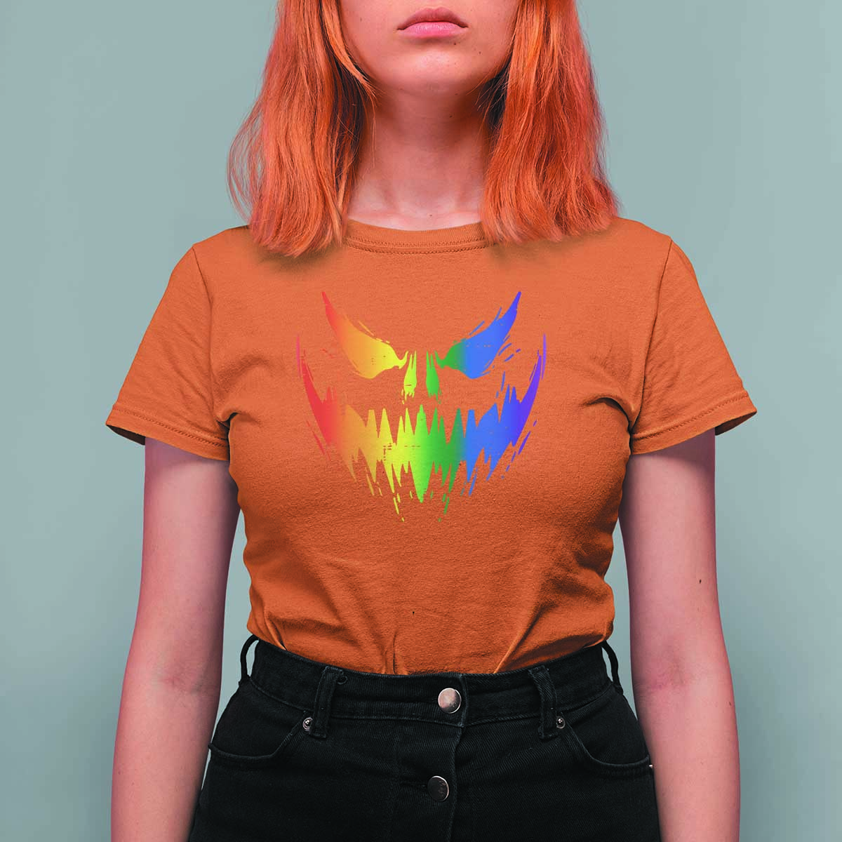 Funny Halloween LGBT T Shirt For Women Jack O Lantern Scary Carved Pumpkin Face Rainbow Flag - Wonder Print Shop