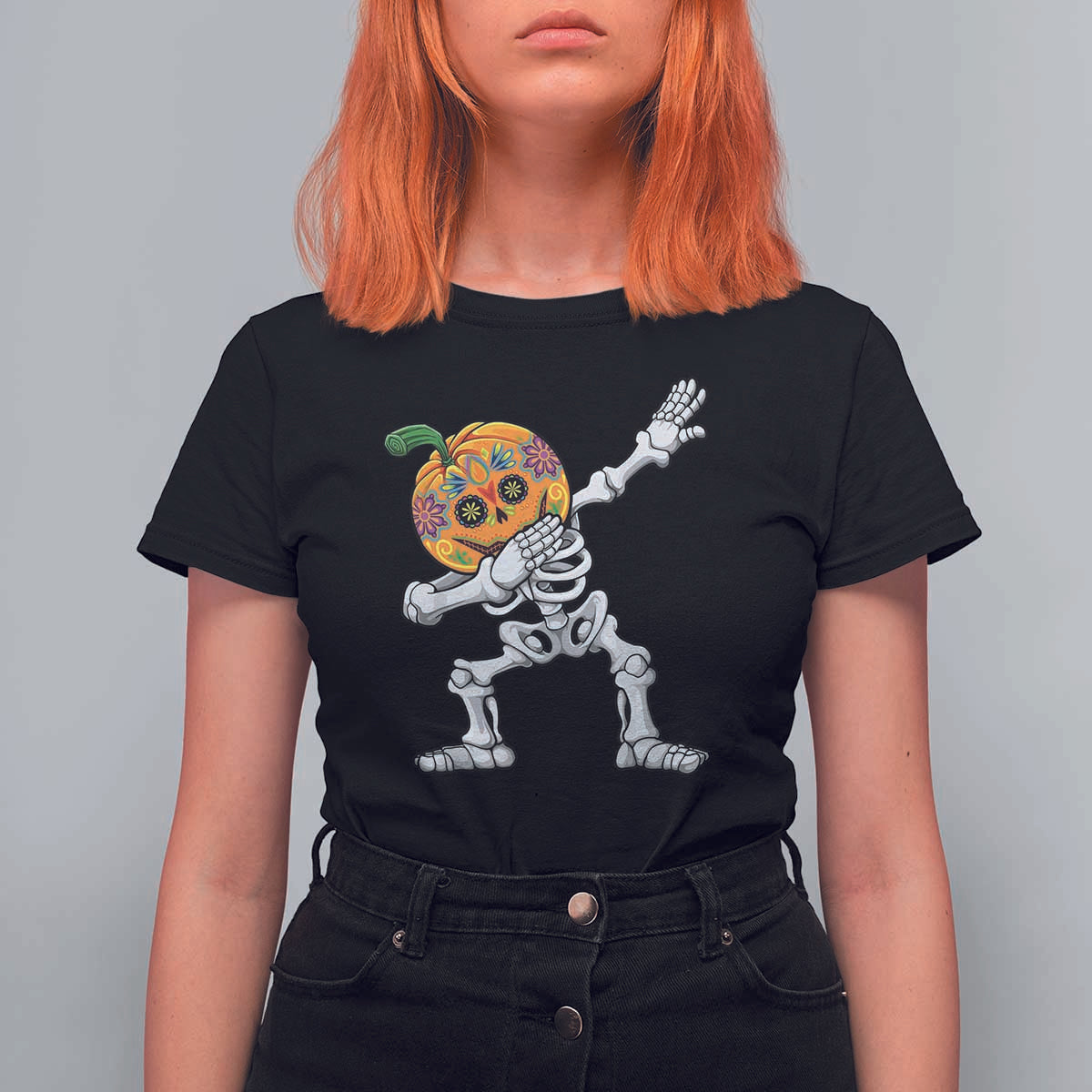 Day Of The Dead T Shirt For Women Dabbing Pumpkin Skeleton Halloween Sugar Skull - Wonder Print Shop