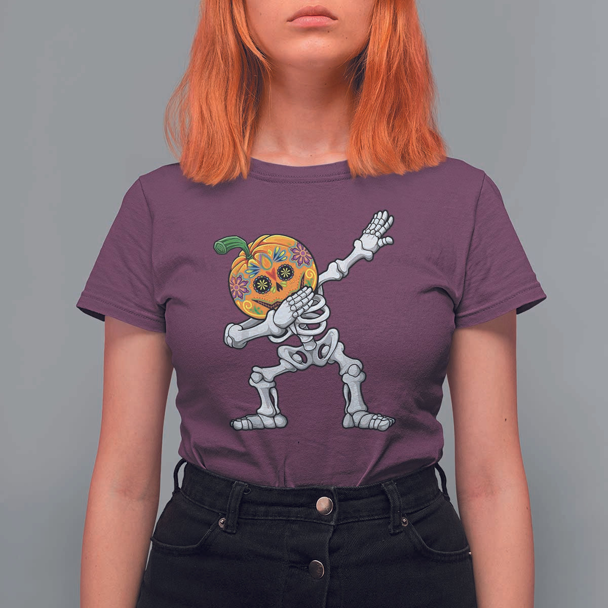 Day Of The Dead T Shirt For Women Dabbing Pumpkin Skeleton Halloween Sugar Skull - Wonder Print Shop