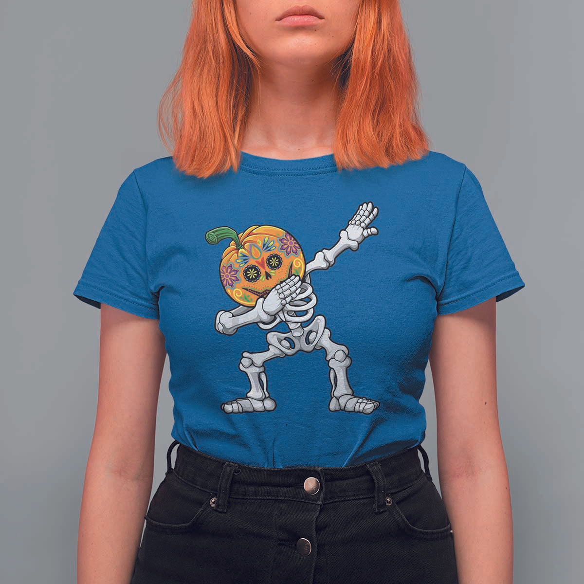 Day Of The Dead T Shirt For Women Dabbing Pumpkin Skeleton Halloween Sugar Skull - Wonder Print Shop