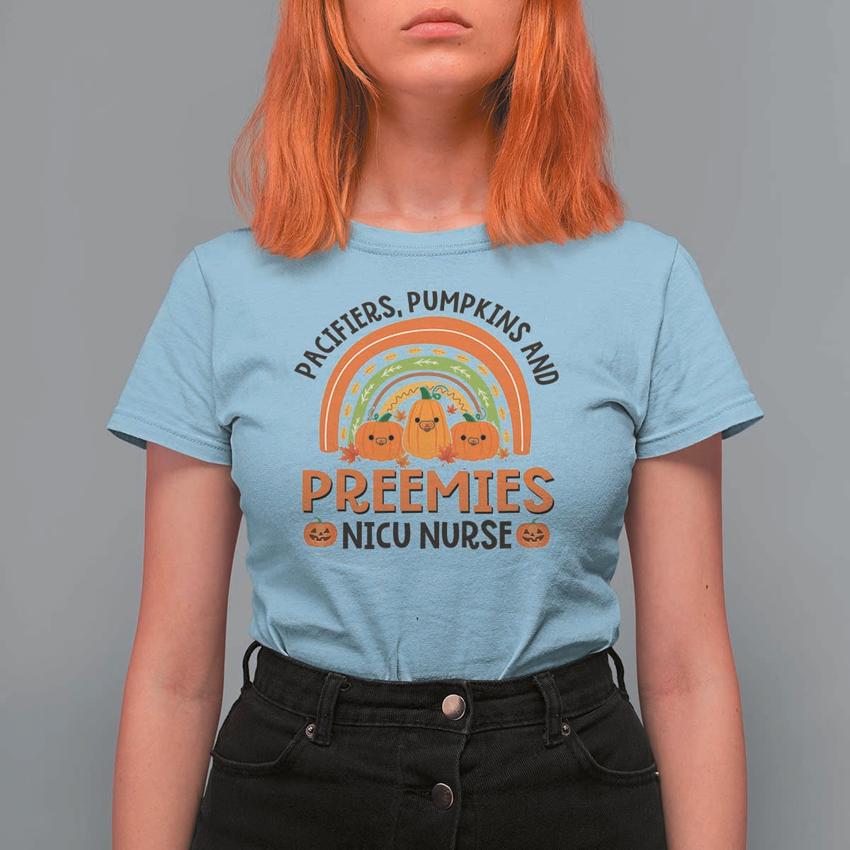 Halloween Nurse T Shirt For Women Pacifiers Pumpkins And Preemies Baby Pumpkin Rainbow Fall Season - Wonder Print Shop