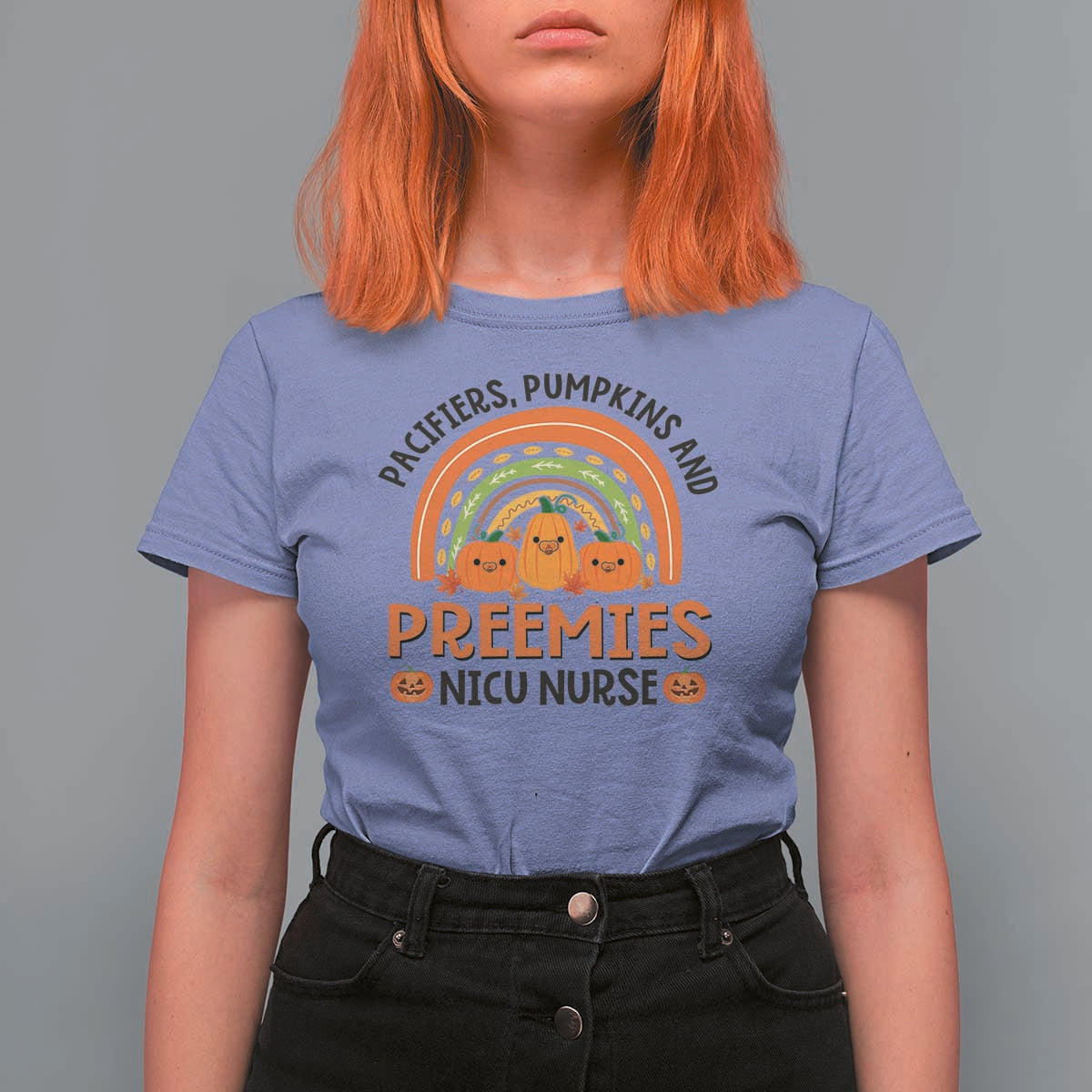 Halloween Nurse T Shirt For Women Pacifiers Pumpkins And Preemies Baby Pumpkin Rainbow Fall Season - Wonder Print Shop