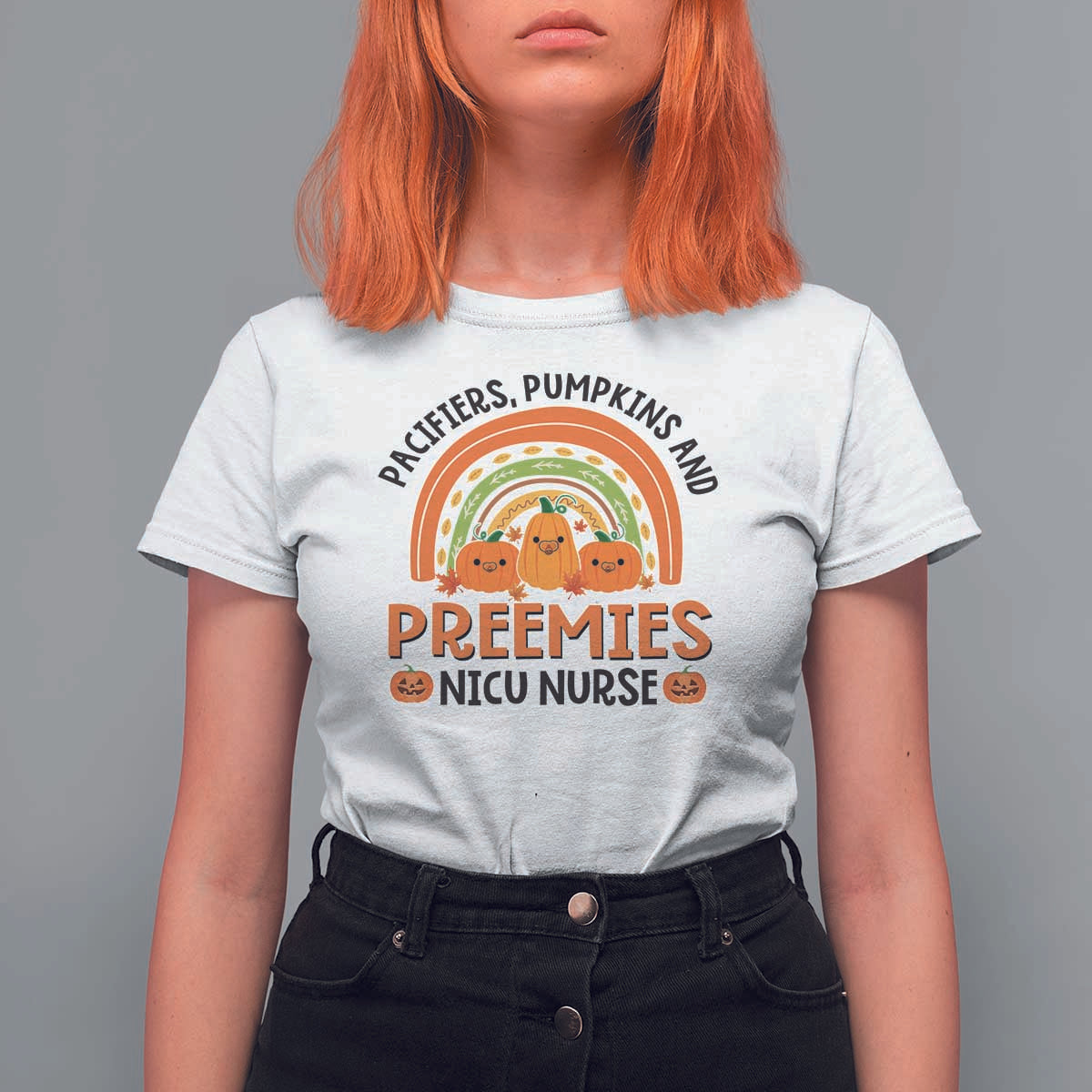 Halloween Nurse T Shirt For Women Pacifiers Pumpkins And Preemies Baby Pumpkin Rainbow Fall Season - Wonder Print Shop