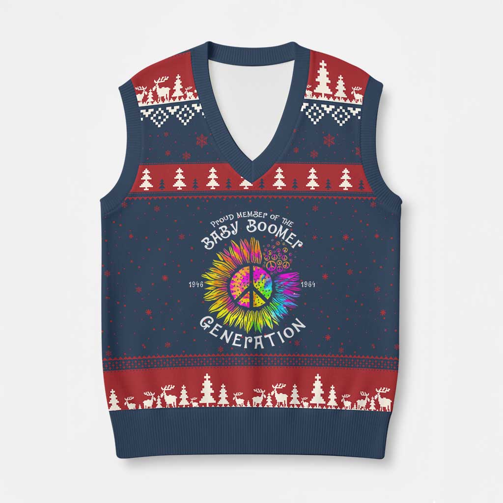 Proud Member Of The Baby Boomer Generation V-Neck Knit Sweater Vest Hippie Sunflower - Wonder Print Shop