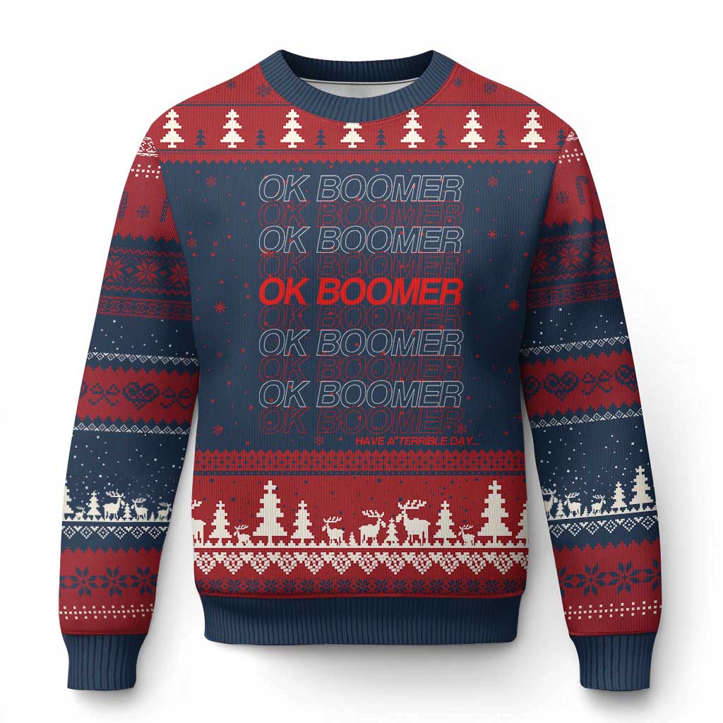 Funny OK Boomer Ugly Christmas Sweater Gen Z Millennials Generation Meme Joke - Wonder Print Shop