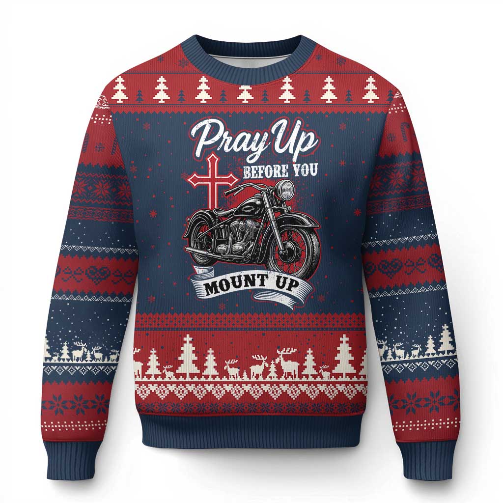 Pray Up Before You Mount Up Ugly Christmas Sweater Christian Biker Religious Faith - Wonder Print Shop