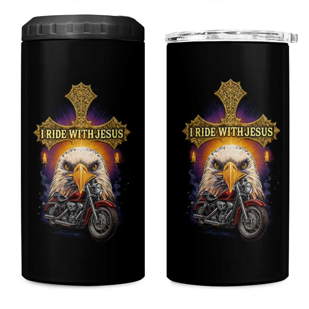 Christian Biker I Ride With Jesus 4 in 1 Can Cooler Tumbler Religious Faith Motorcycle Rider Eagle - Wonder Print Shop