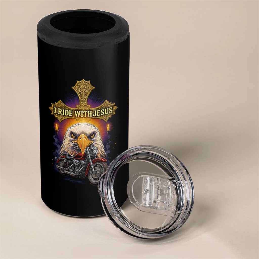 Christian Biker I Ride With Jesus 4 in 1 Can Cooler Tumbler Religious Faith Motorcycle Rider Eagle - Wonder Print Shop