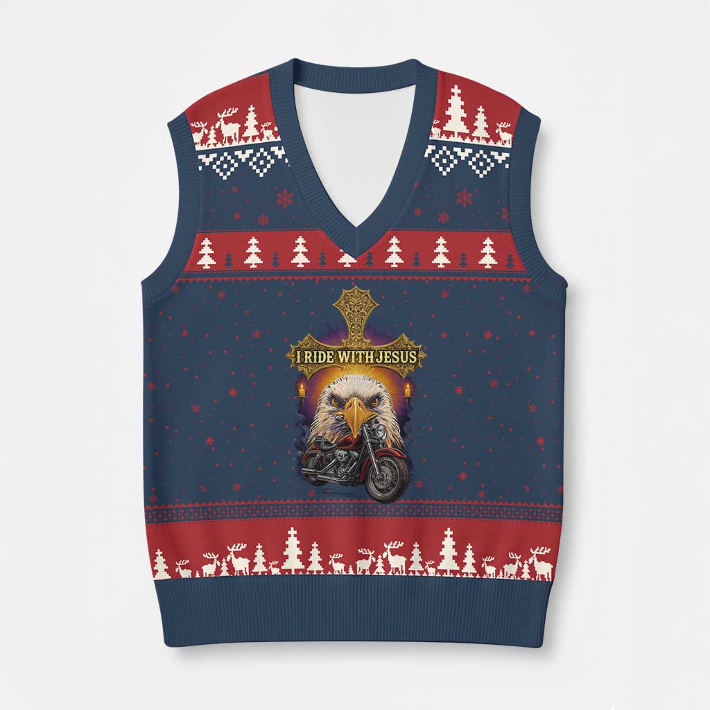 Christian Biker I Ride With Jesus V-Neck Knit Sweater Vest Religious Faith Motorcycle Rider Eagle - Wonder Print Shop