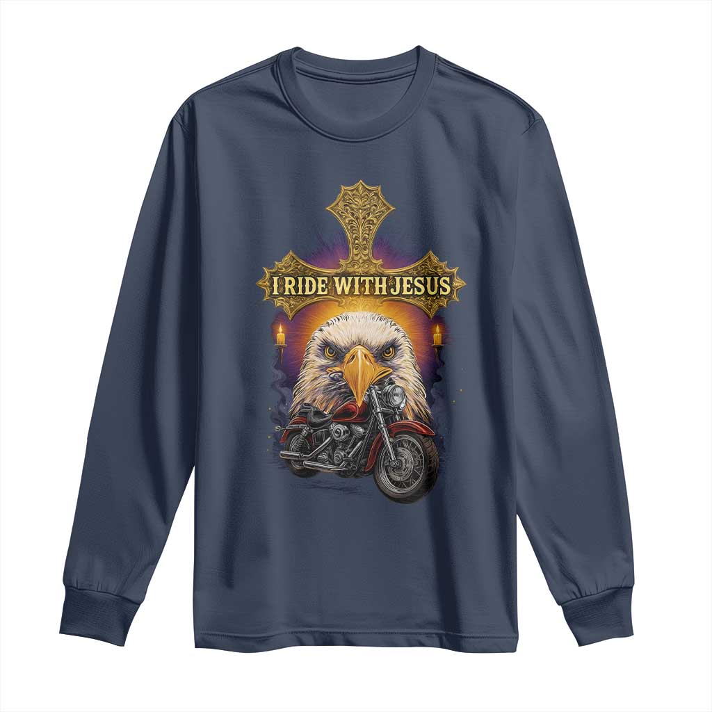 Christian Biker I Ride With Jesus Long Sleeve Shirt Religious Faith Motorcycle Rider Eagle - Wonder Print Shop