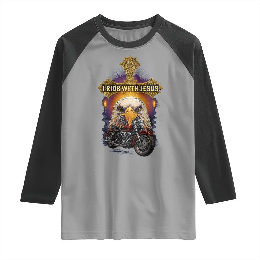Christian Biker I Ride With Jesus Raglan Shirt Religious Faith Motorcycle Rider Eagle - Wonder Print Shop