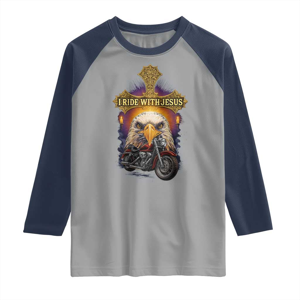 Christian Biker I Ride With Jesus Raglan Shirt Religious Faith Motorcycle Rider Eagle - Wonder Print Shop