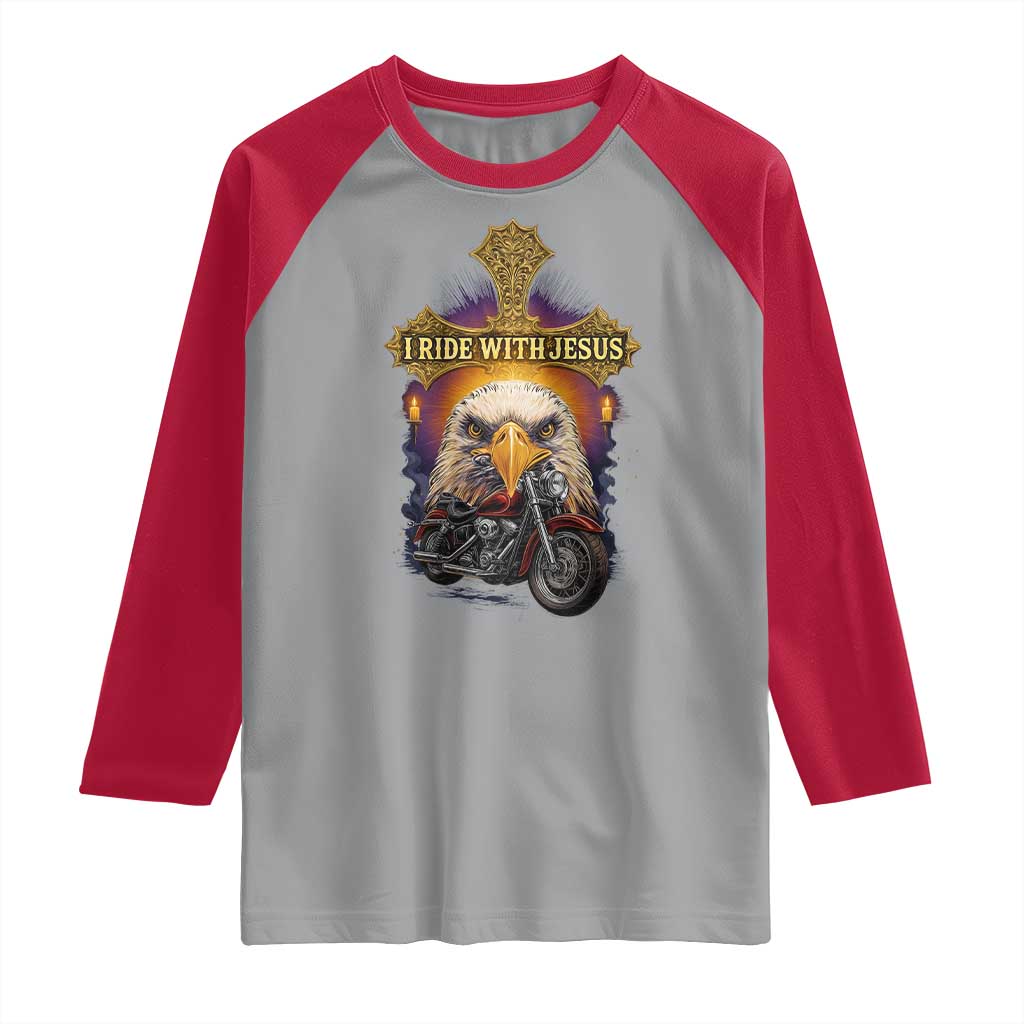 Christian Biker I Ride With Jesus Raglan Shirt Religious Faith Motorcycle Rider Eagle - Wonder Print Shop