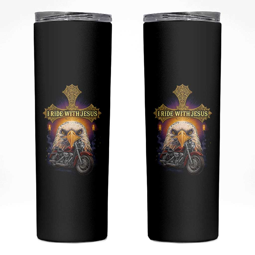 Christian Biker I Ride With Jesus Skinny Tumbler Religious Faith Motorcycle Rider Eagle - Wonder Print Shop