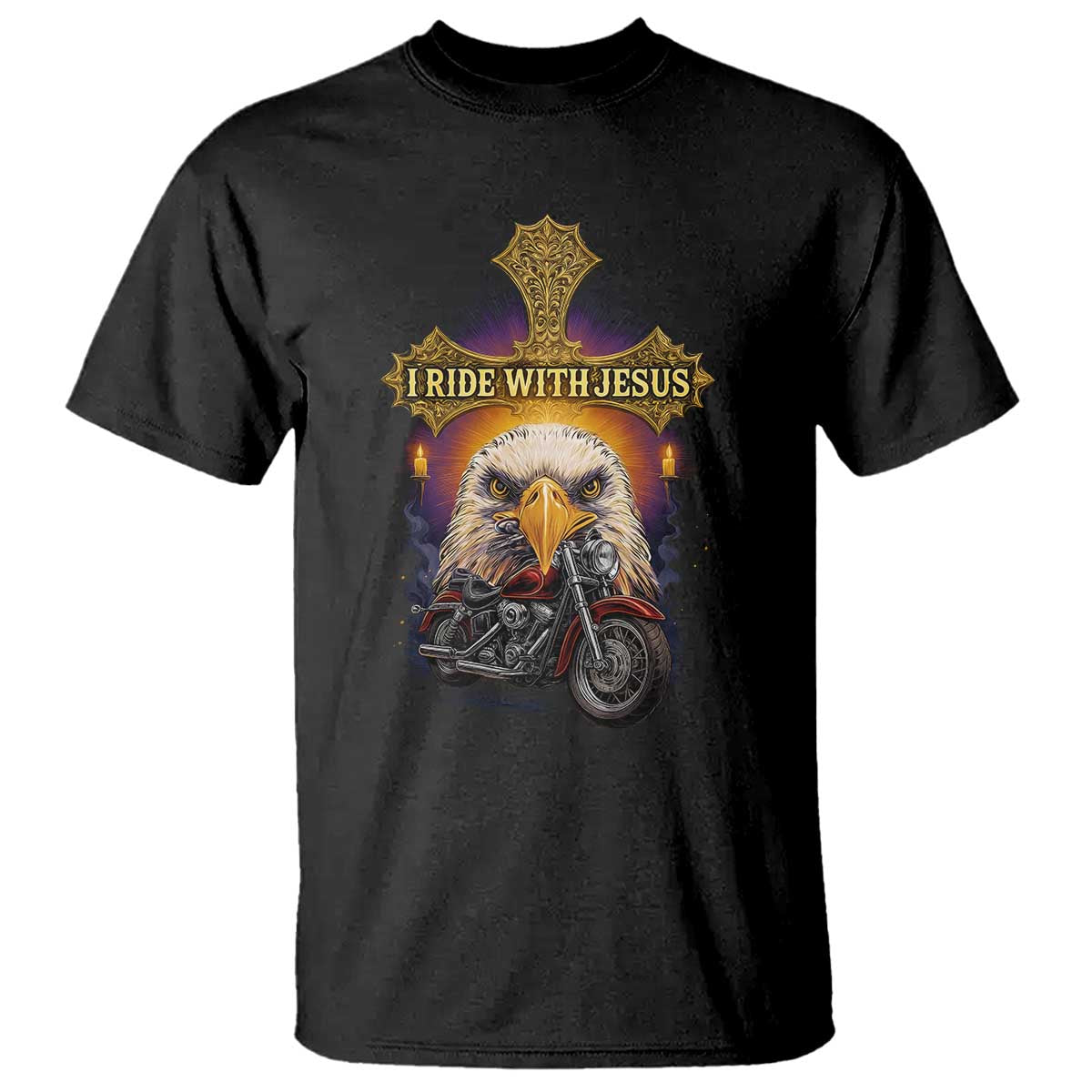 Christian Biker I Ride With Jesus T Shirt Religious Faith Motorcycle Rider Eagle - Wonder Print Shop