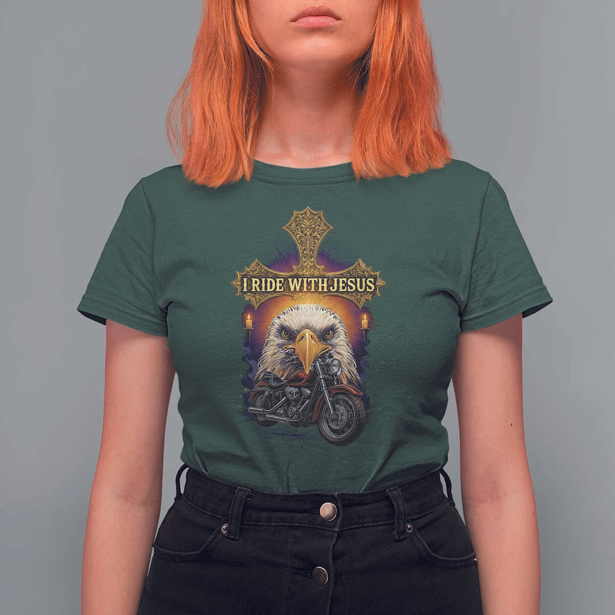 Christian Biker I Ride With Jesus T Shirt For Women Religious Faith Motorcycle Rider Eagle - Wonder Print Shop