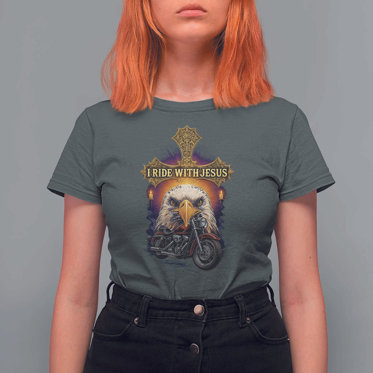 Christian Biker I Ride With Jesus T Shirt For Women Religious Faith Motorcycle Rider Eagle - Wonder Print Shop