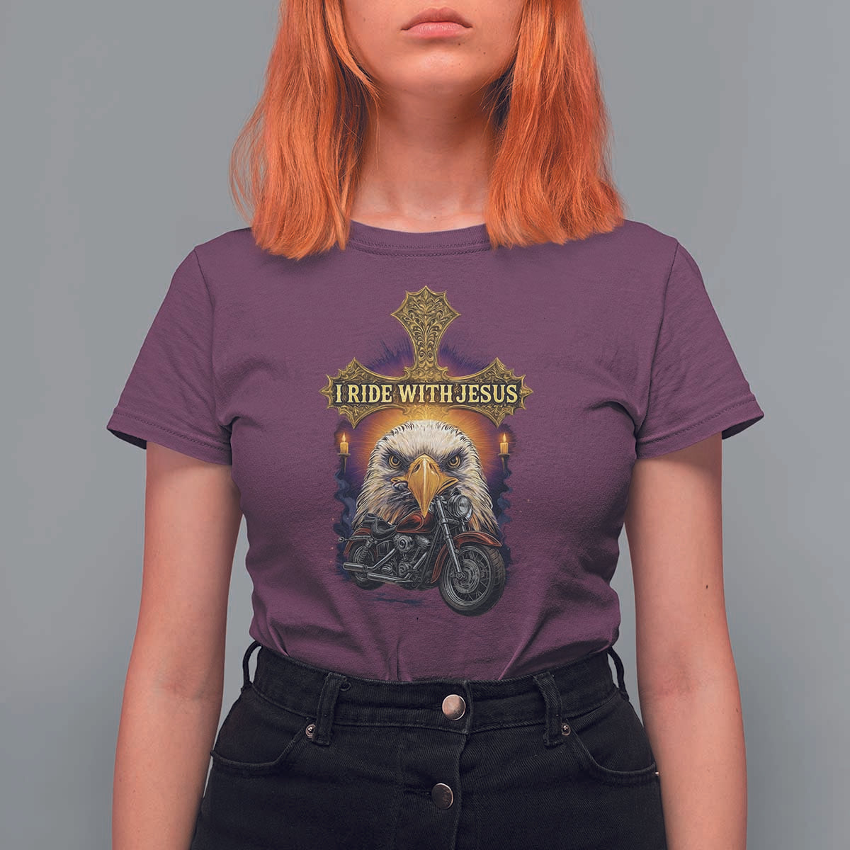 Christian Biker I Ride With Jesus T Shirt For Women Religious Faith Motorcycle Rider Eagle - Wonder Print Shop