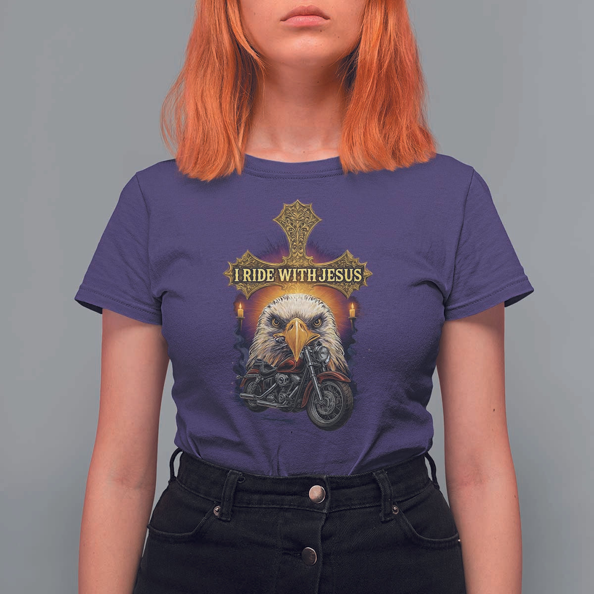 Christian Biker I Ride With Jesus T Shirt For Women Religious Faith Motorcycle Rider Eagle - Wonder Print Shop