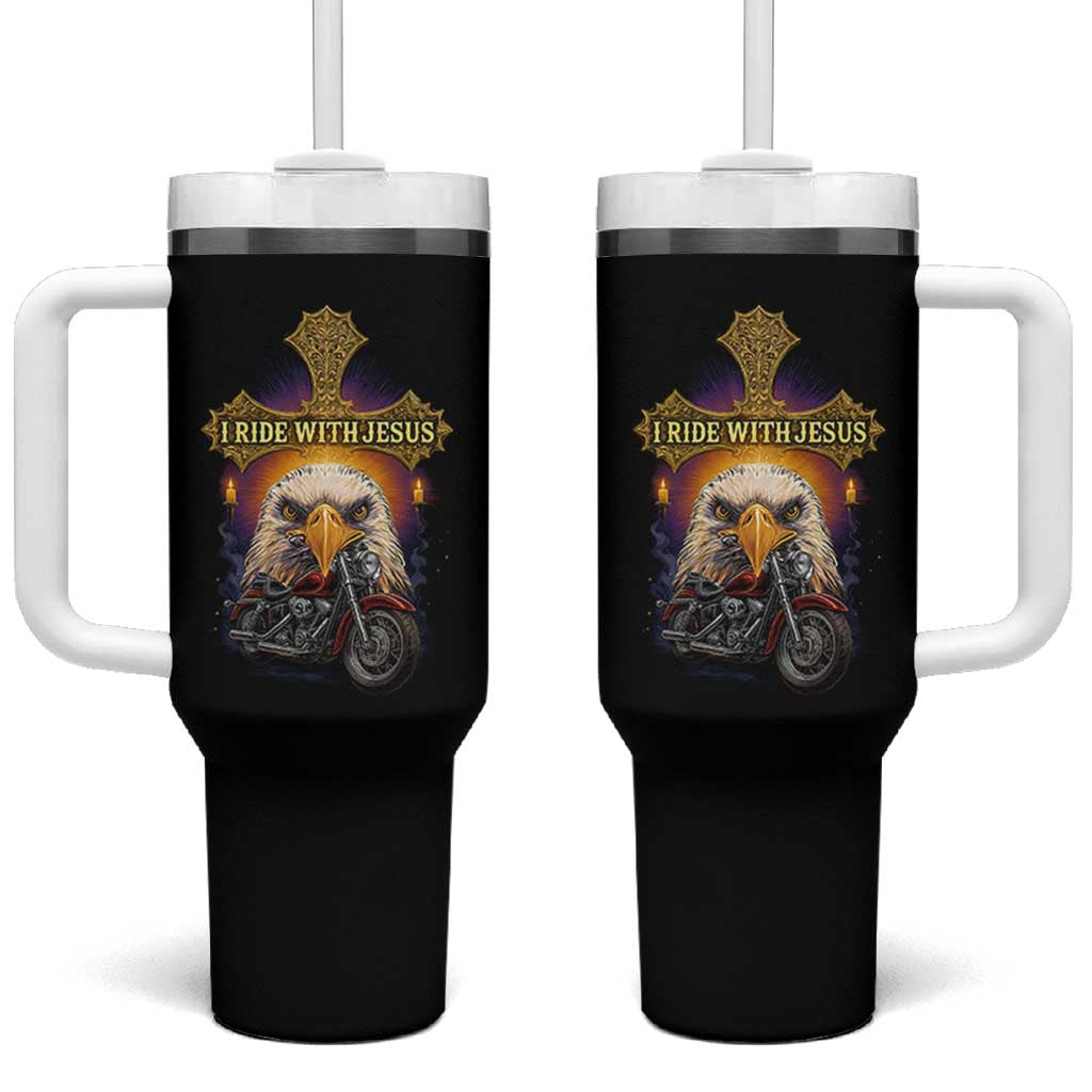 Christian Biker I Ride With Jesus Tumbler With Handle Religious Faith Motorcycle Rider Eagle - Wonder Print Shop