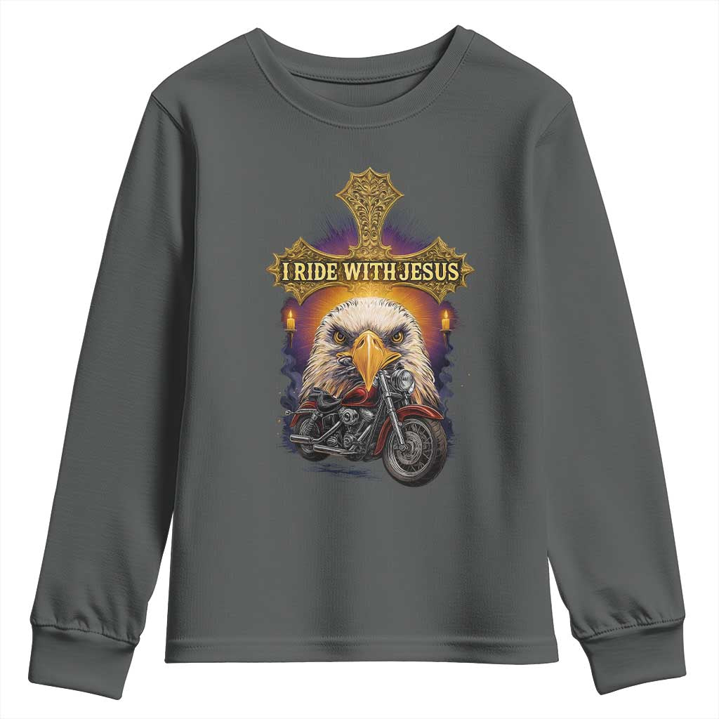Christian Biker I Ride With Jesus Youth Sweatshirt Religious Faith Motorcycle Rider Eagle - Wonder Print Shop