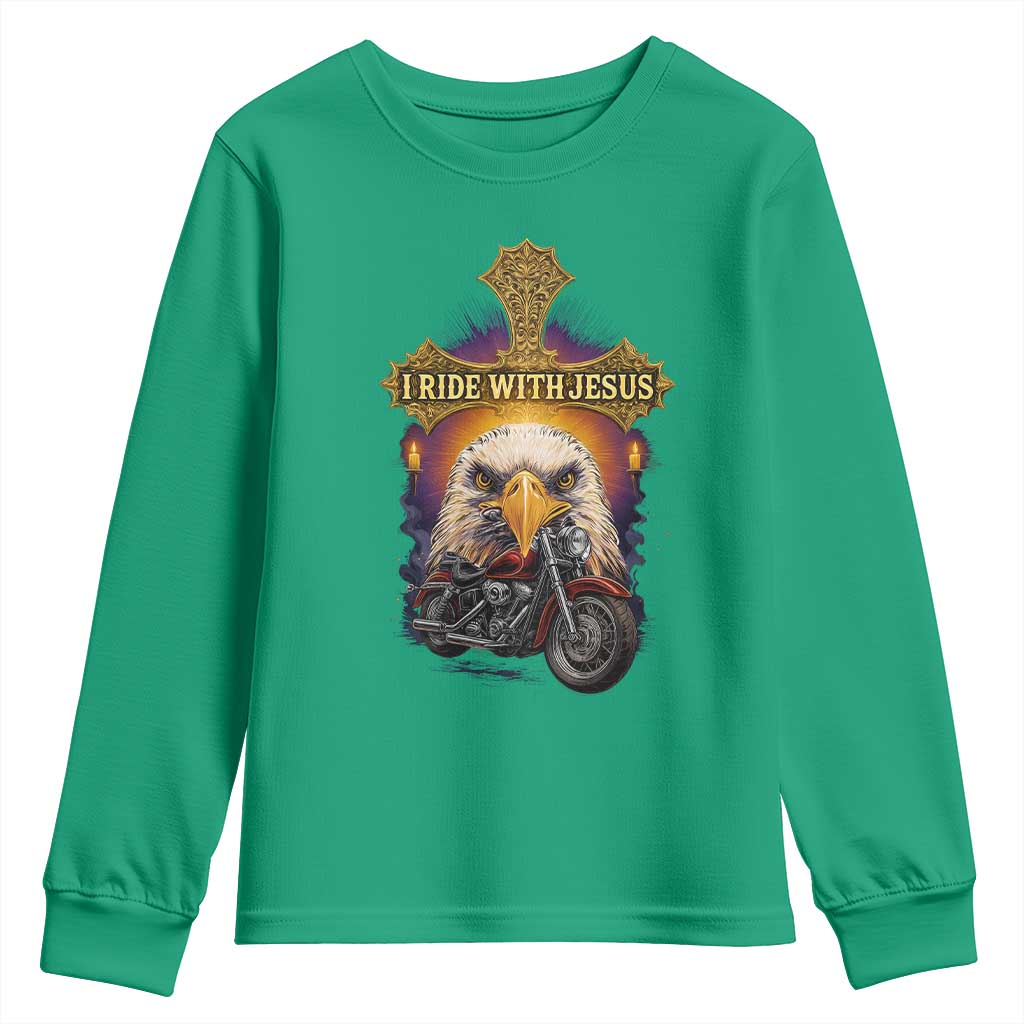 Christian Biker I Ride With Jesus Youth Sweatshirt Religious Faith Motorcycle Rider Eagle - Wonder Print Shop