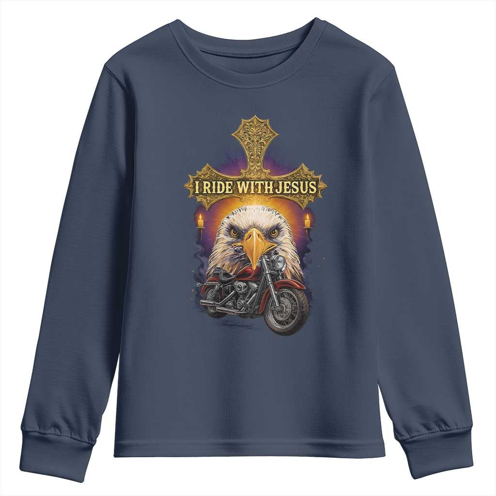 Christian Biker I Ride With Jesus Youth Sweatshirt Religious Faith Motorcycle Rider Eagle - Wonder Print Shop