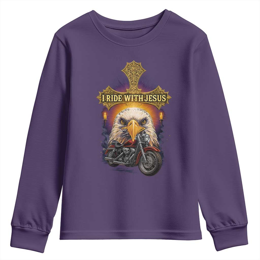 Christian Biker I Ride With Jesus Youth Sweatshirt Religious Faith Motorcycle Rider Eagle - Wonder Print Shop