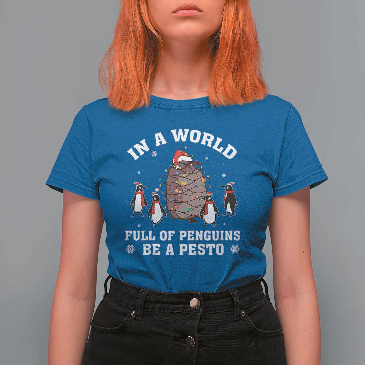 Funny Pesto Christmas Penguin T Shirt For Women In A World Full Of Penguins Be A Pesto Xmas Santa Hat - Wonder Print Shop