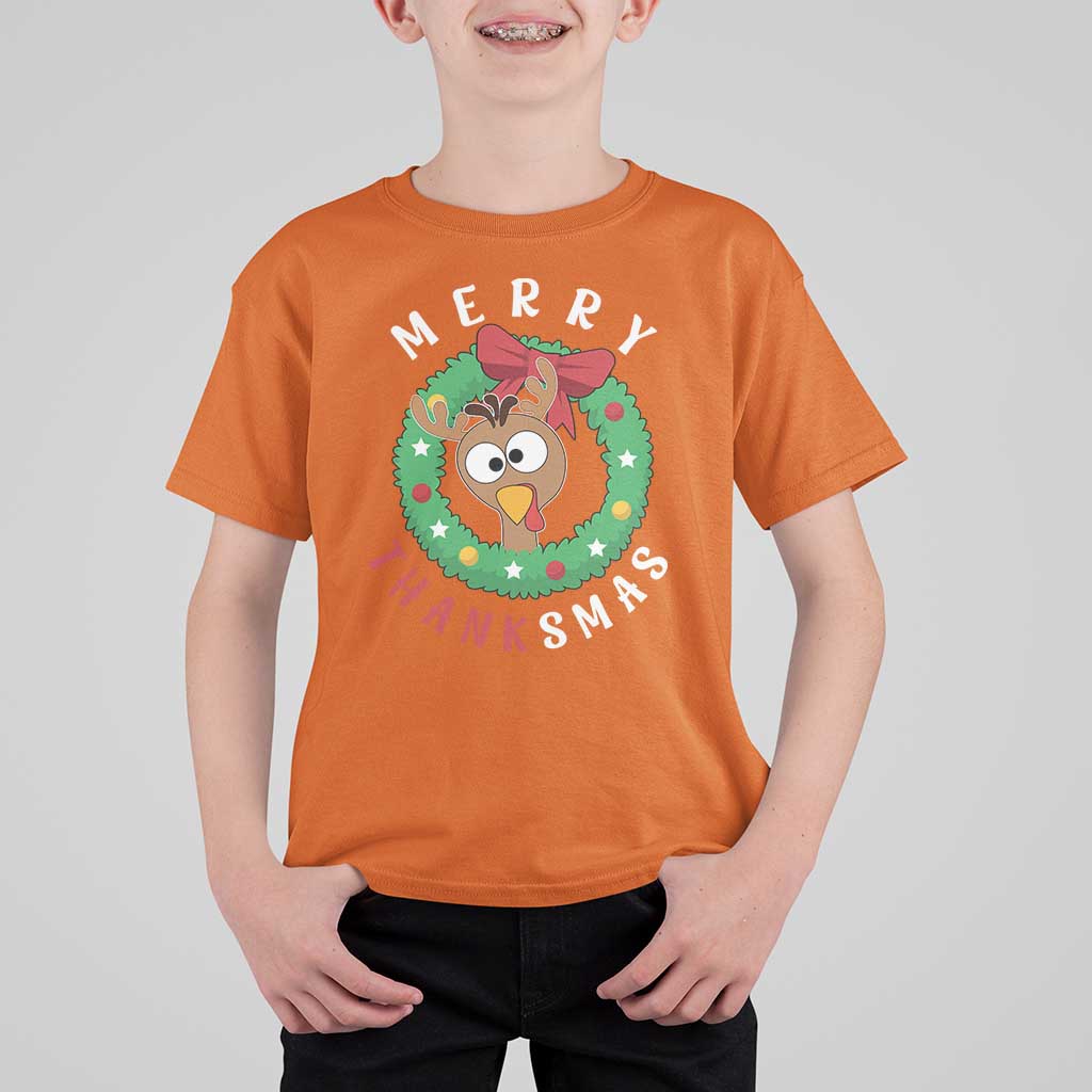 Funny Thanksgiving Christmas T Shirt For Kid Merry Thanksmas Turkey Reindeer Antler - Wonder Print Shop