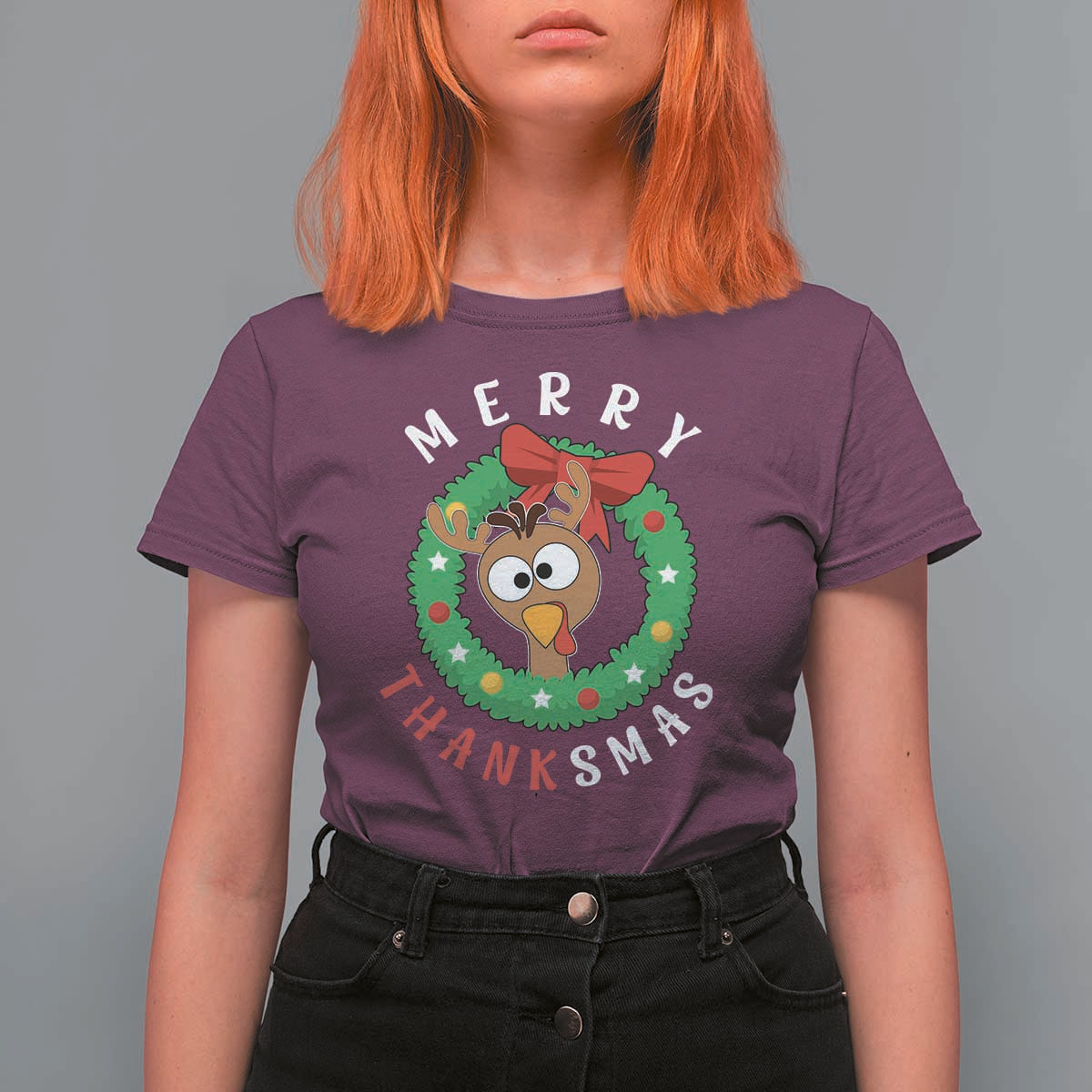 Funny Thanksgiving Christmas T Shirt For Women Merry Thanksmas Turkey Reindeer Antler - Wonder Print Shop