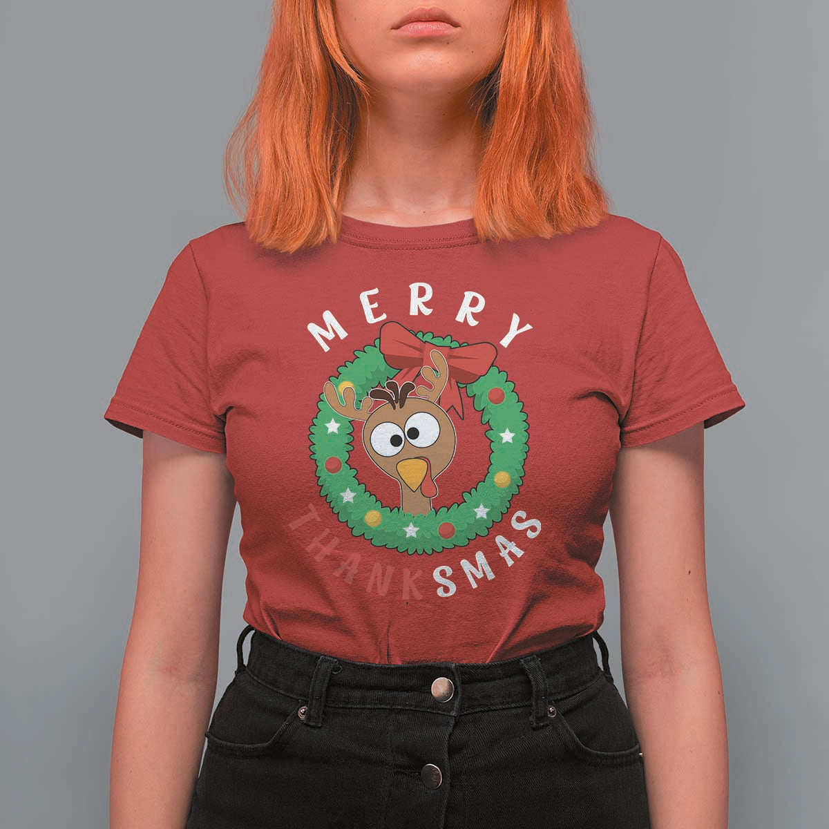 Funny Thanksgiving Christmas T Shirt For Women Merry Thanksmas Turkey Reindeer Antler - Wonder Print Shop