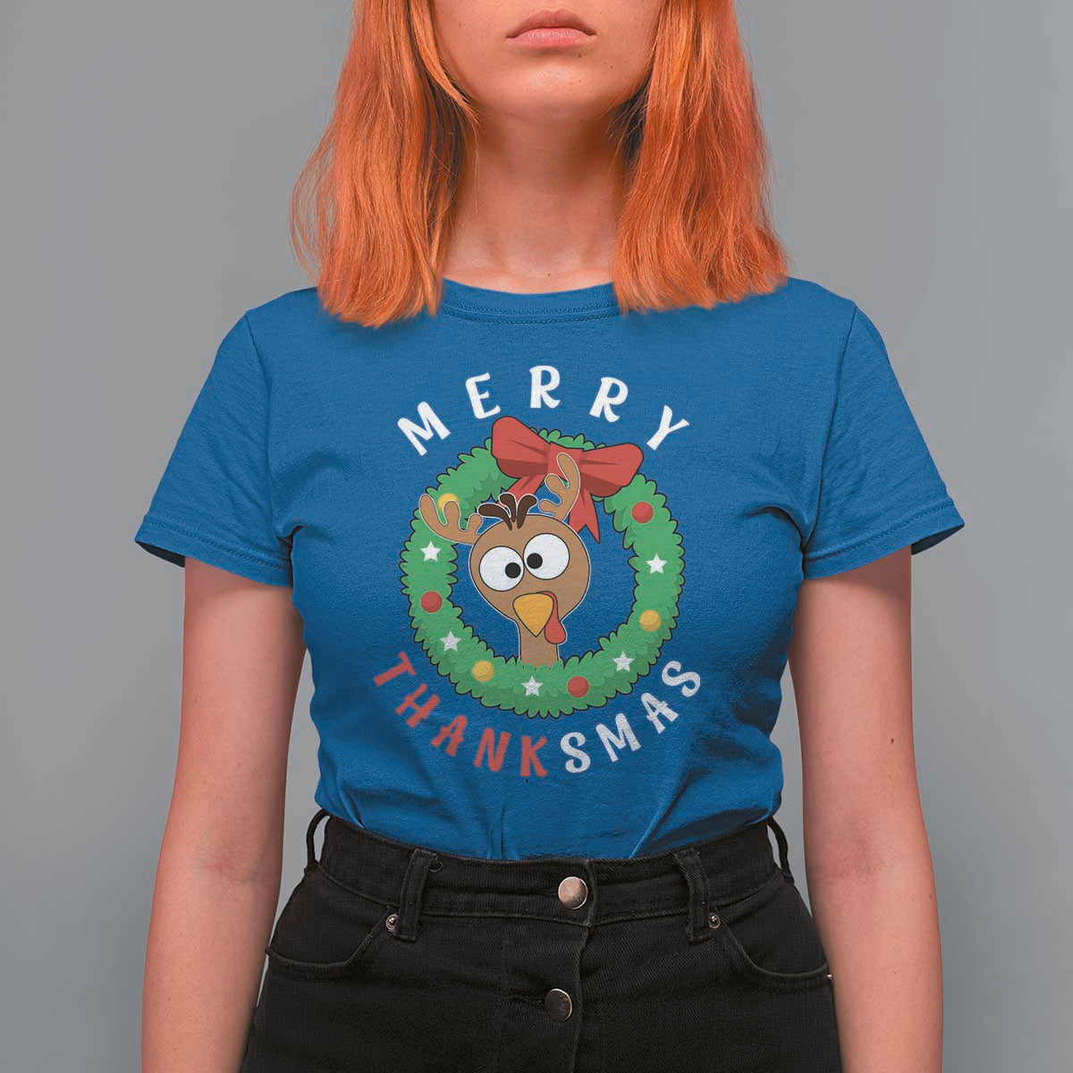 Funny Thanksgiving Christmas T Shirt For Women Merry Thanksmas Turkey Reindeer Antler - Wonder Print Shop