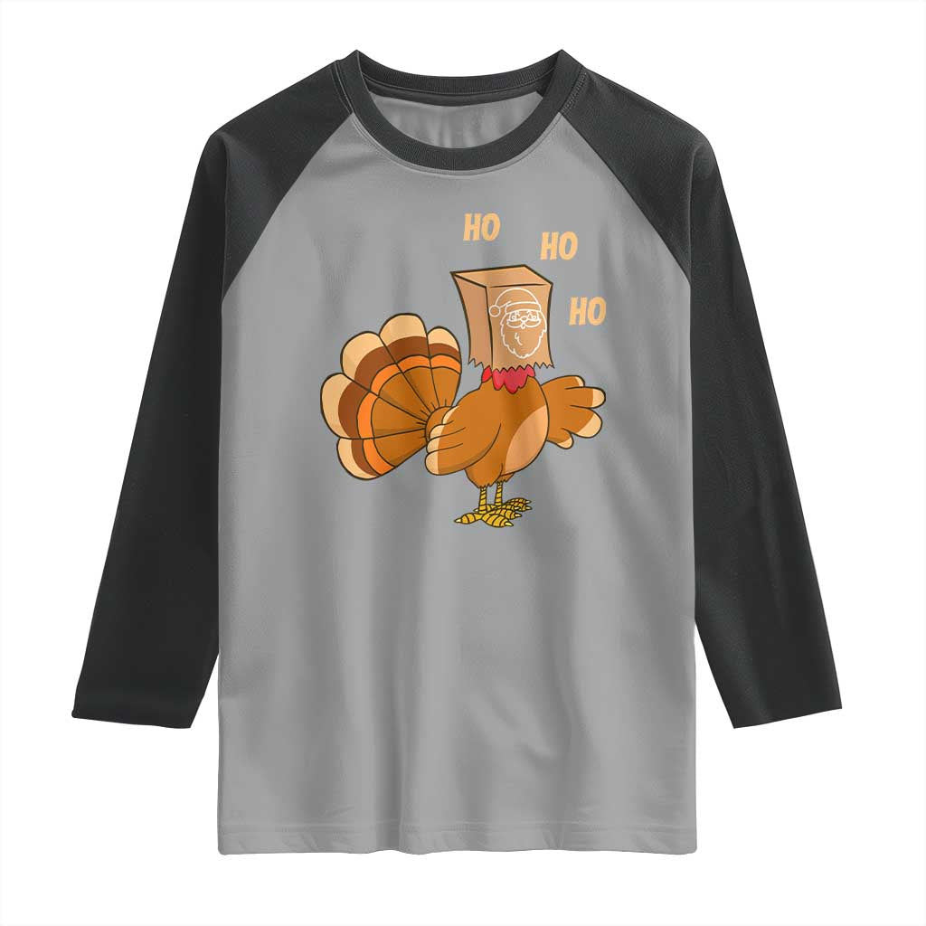 Funny Thanksgiving Christmas Triple Ho Santa Turkey Raglan Shirt - Wonder Print Shop