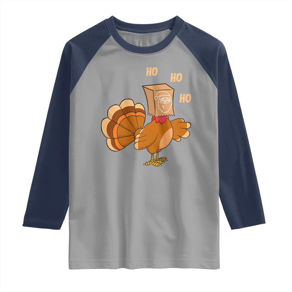 Funny Thanksgiving Christmas Triple Ho Santa Turkey Raglan Shirt - Wonder Print Shop