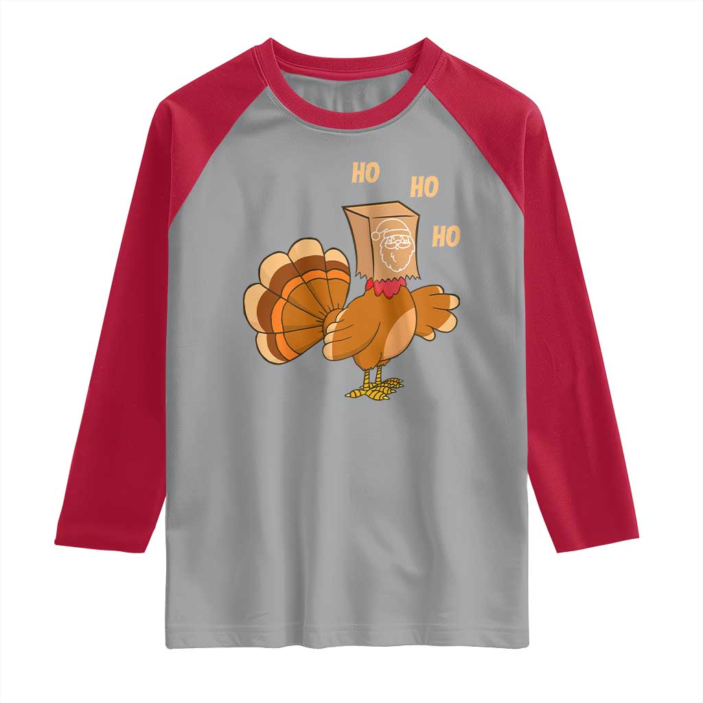 Funny Thanksgiving Christmas Triple Ho Santa Turkey Raglan Shirt - Wonder Print Shop