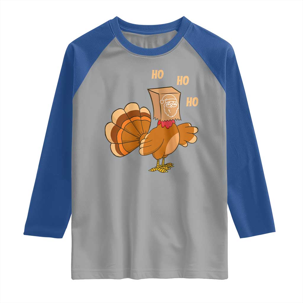 Funny Thanksgiving Christmas Triple Ho Santa Turkey Raglan Shirt - Wonder Print Shop